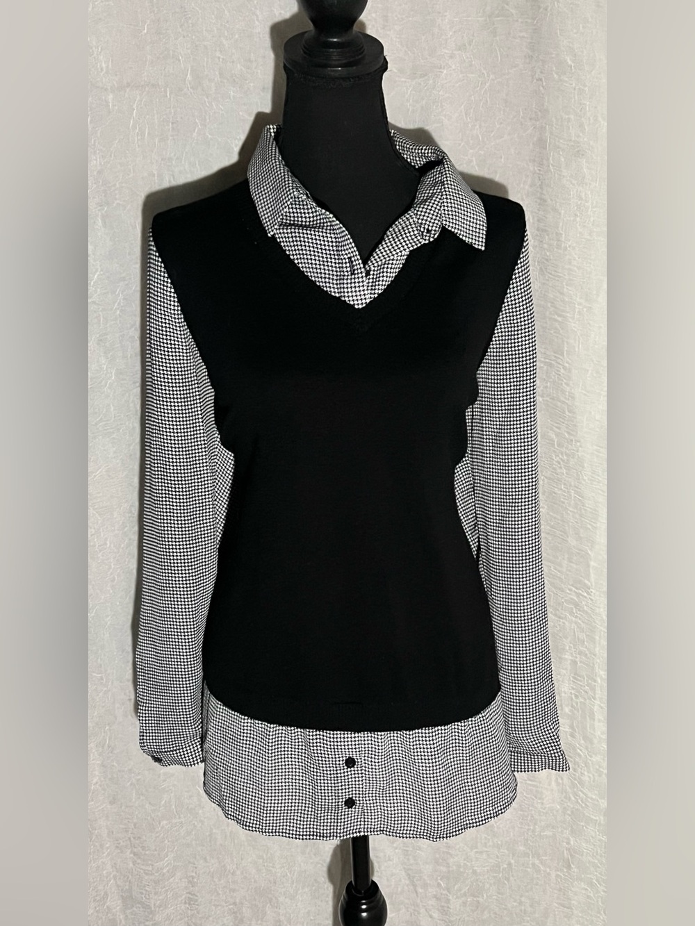 Adrianna Papell Black Layered-Look V-Neck Top with Black & White Gingham Shirt